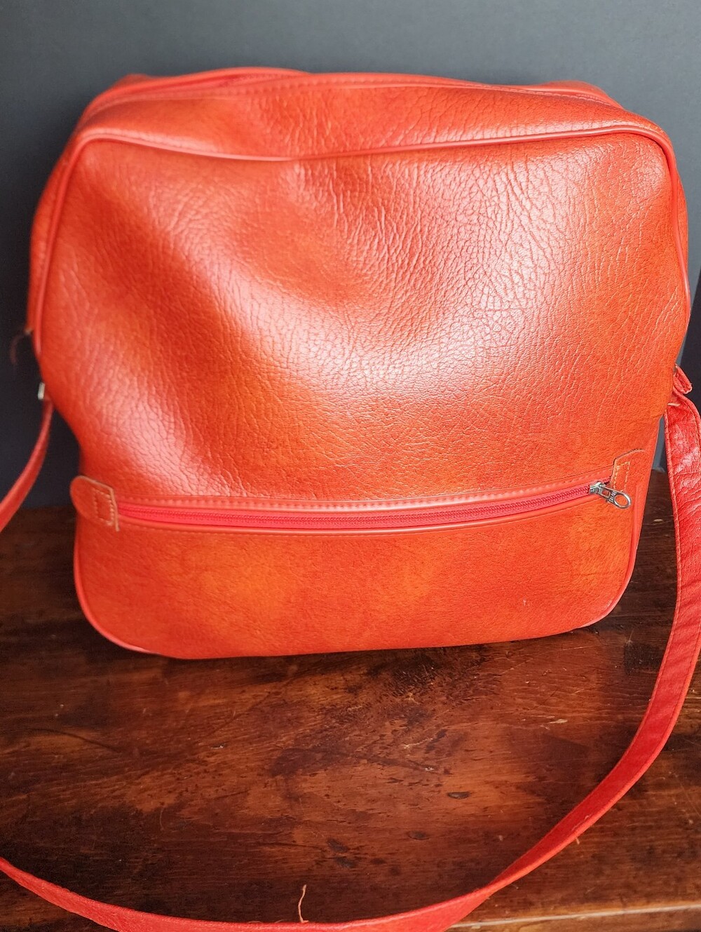 Vintage 60s 70s Red Orange Overnight Travel Bag Carry On Luggage Leather Grain